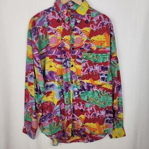 Vintage 90s Santana Abstract Graphic Button Up Shirt L Cotton Retro Streetwear